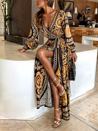 Rita | Bohemian Wrap Maxi Dress with Golden Print and Front Slit