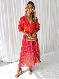 Robyn | Floral Print Midi Dress With Puff Sleeves
