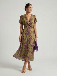 Robyn | Floral Wrap Midi Dress with Puff Sleeves
