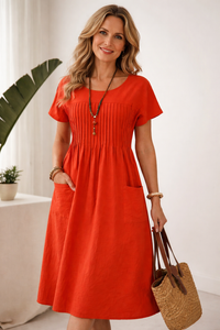 Rosemary | Relaxed Pleated Cotton Midi Dress with Pockets