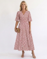 Sharon | Elegant V-Neck Spotted Print Midi Dress
