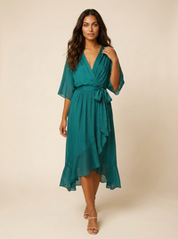 Sharon | Elegant Wrap Midi Dress with Tie Waist and Flutter Sleeves