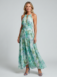 Sharon | Halter Neck Floral Pleated Midi Dress