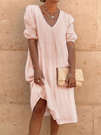 Sonia | Linen V-Neck Puff Sleeve Midi Dress