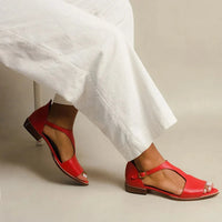 Suzanne | Flat Leather T-Strap Open Toe Sandals with Buckle