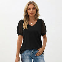 Suzanne | Puff Sleeve V-Neck Top with Dot Mesh Sleeves