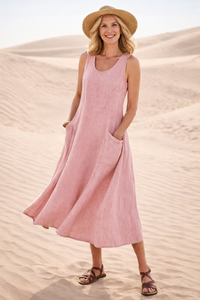 Suzanne | Sleeveless A-Line Linen Midi Dress With Pockets