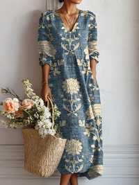 Tanya | Boho Floral Linen V-Neck Midi Dress
