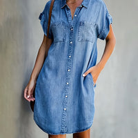 Toni | Denim Button-Down Shirt Dress With Chest Pockets