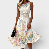 Toni | Sleeveless Floral Midi Dress with Defined Waist