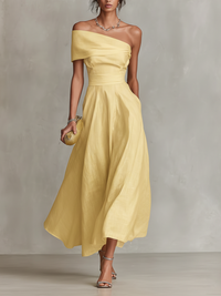 Vicki | One-Shoulder Linen Midi Dress With Fitted Waist