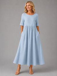 Vicki | Relaxed Linen Maxi Dress with Short Sleeves and Pockets
