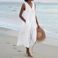 Vicki | Sleeveless V-Neck Button-Front Linen Maxi Dress with Pockets