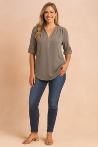 Vicki | Zip-Neck Tunic Top with Roll-Tab Sleeves