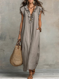 Wilma | Ruffle V-Neck Maxi Dress with Flutter Sleeves and Pockets